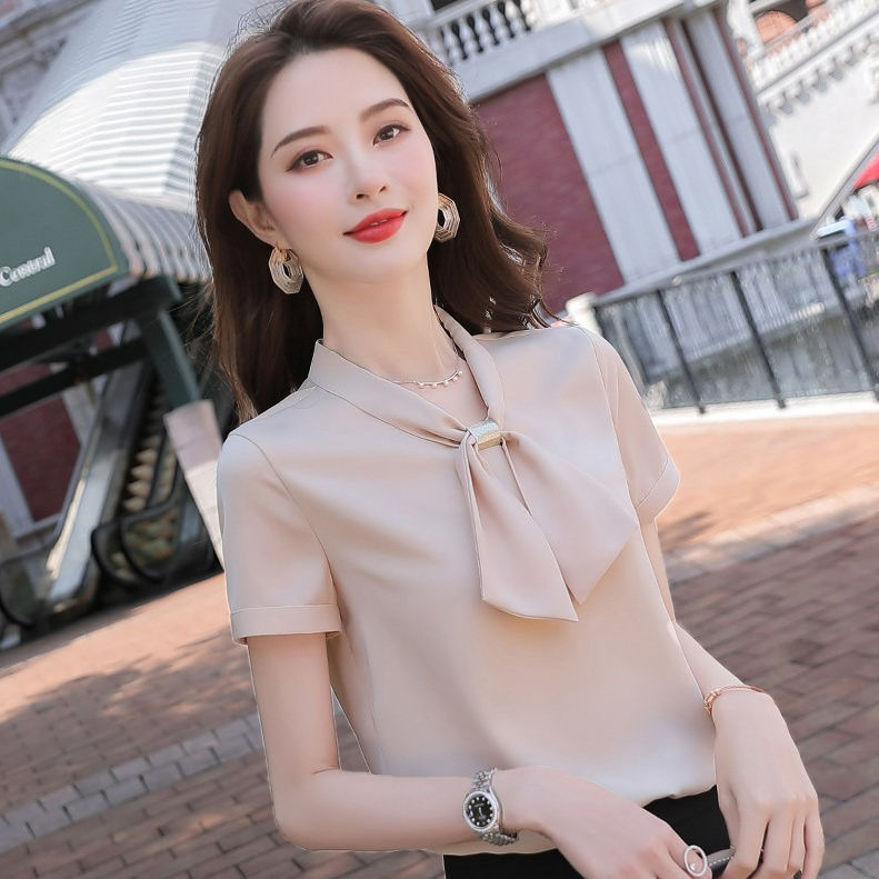 韓版雪紡衫小眾女夏短袖2023新款通勤套頭修身職業工裝襯衣洋氣衫
