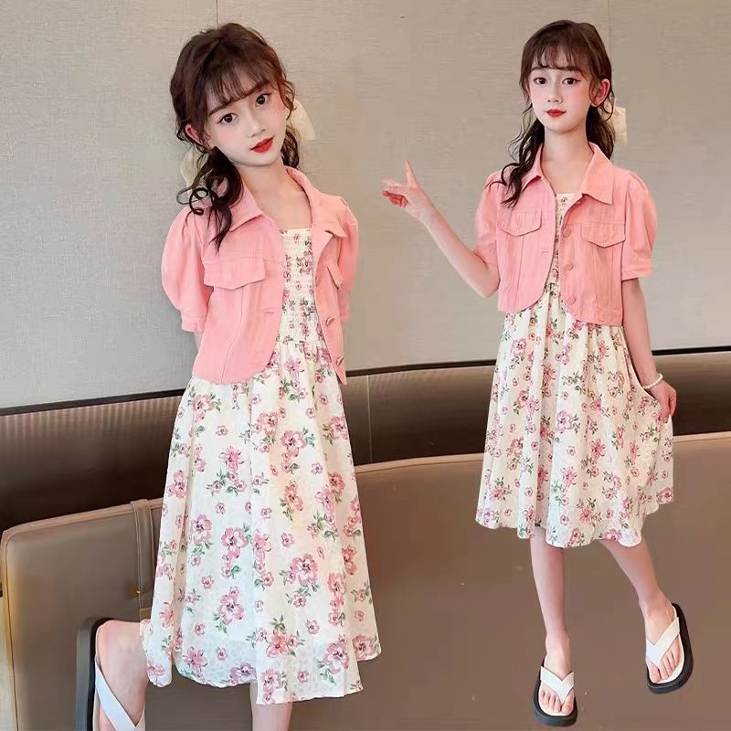抖音爆款连衣裙女中大童夏洋气韩版短款外套碎花裙子吊带裙两件套