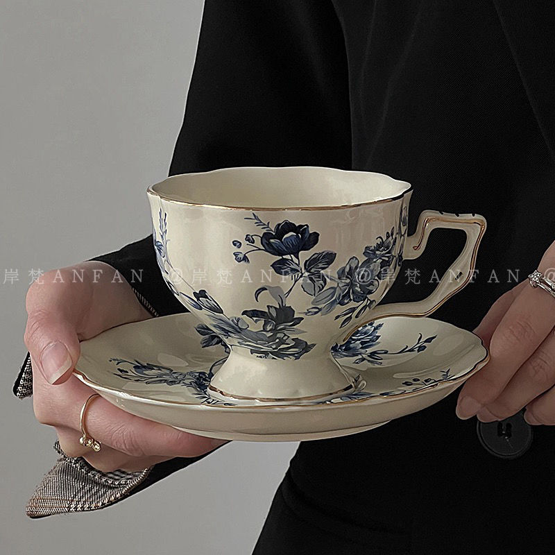 复古蓝玫瑰花卉杯碟中古法式下午茶陶瓷杯时尚高级咖啡杯碟手工