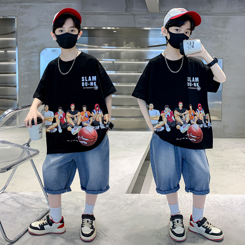 男童夏裝洋氣短袖套裝2023新款兒童帥氣炸街牛仔短袖中大童兩件套