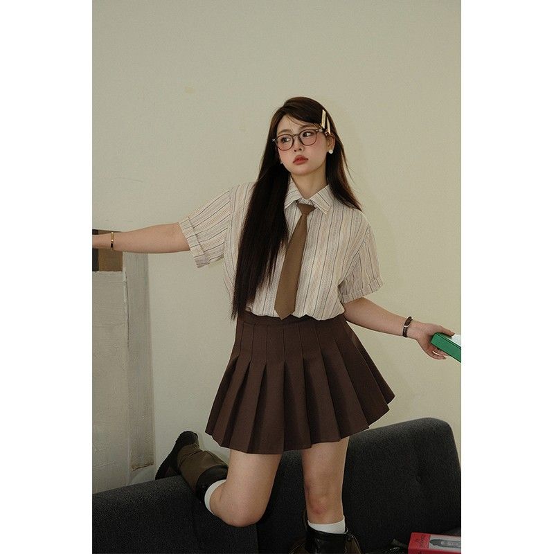 大碼學院少女復古休閒短袖條紋襯衫上衣女夏胖mm百褶裙學院風套裝