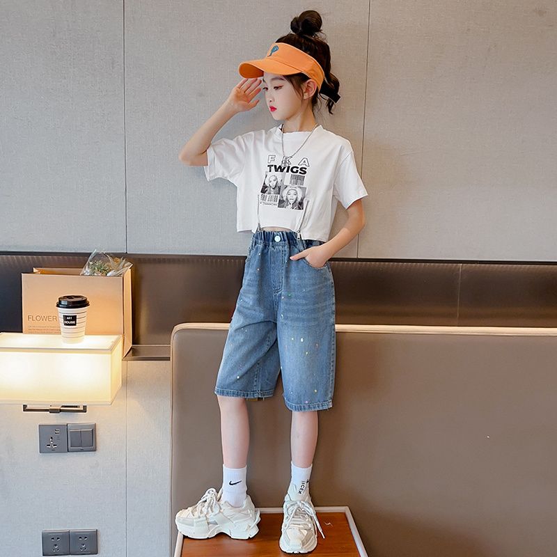 Girls' summer pants 2023 new children's five-point pants summer thin section denim shorts middle and big children's wide-leg pants
