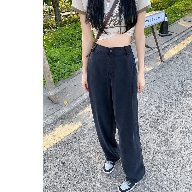黑色天絲牛仔褲女2023夏季高腰顯瘦寬鬆胖mm直筒冰絲闊腿垂感褲子