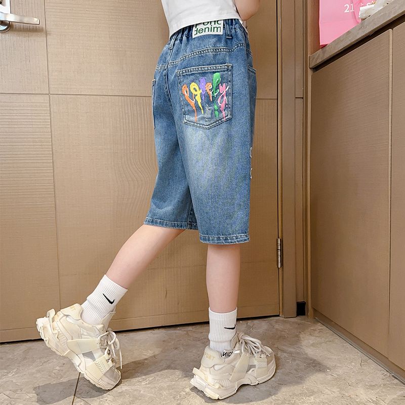 Girls' summer pants 2023 new children's five-point pants summer thin section denim shorts middle and big children's wide-leg pants