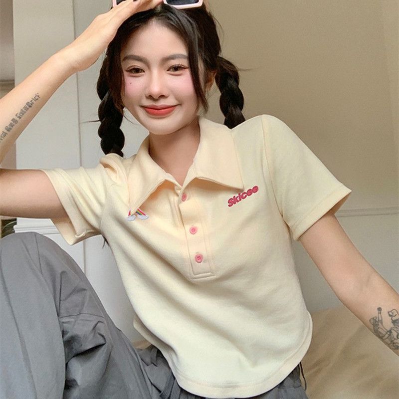 V-neck embroidery short-sleeved shoulder T-shirt women's summer new design sweet hot girl work slim chic short top