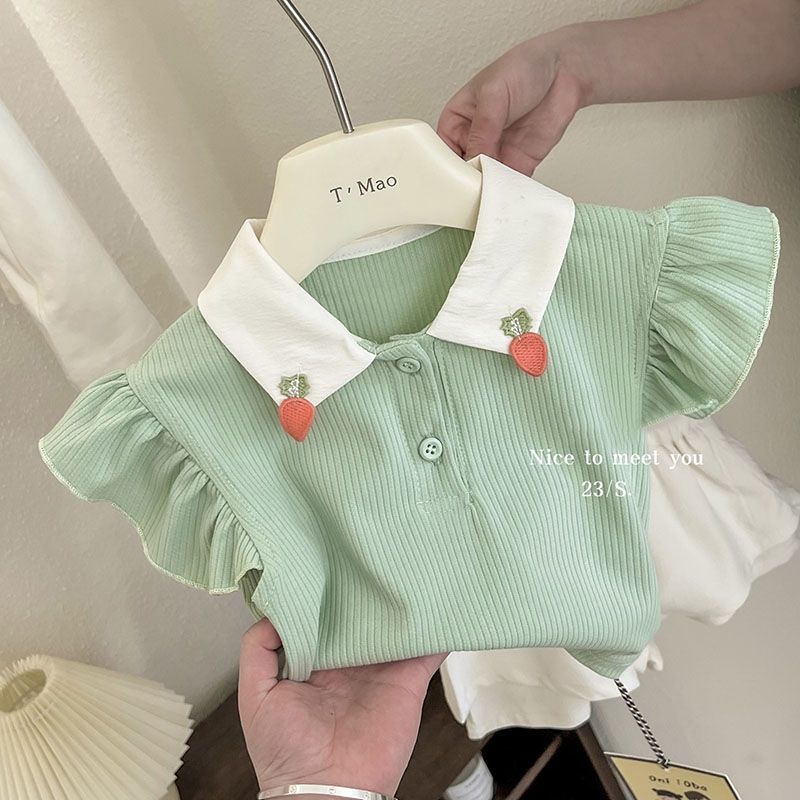 女童夏装娃娃领t恤 2023女宝宝棉质甜美荷叶袖polo衫婴儿短袖上衣