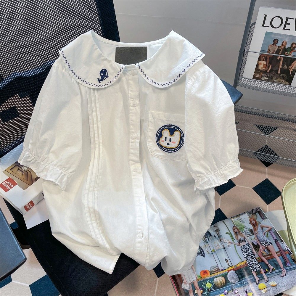 日系軟妹可愛娃娃領刺繡兔子白色襯衫女夏季新款短袖學院風上衣潮