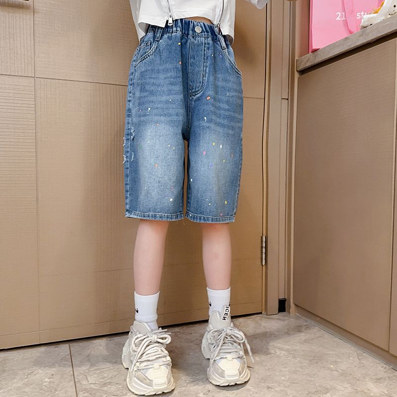 Girls' summer pants 2023 new children's five-point pants summer thin section denim shorts middle and big children's wide-leg pants
