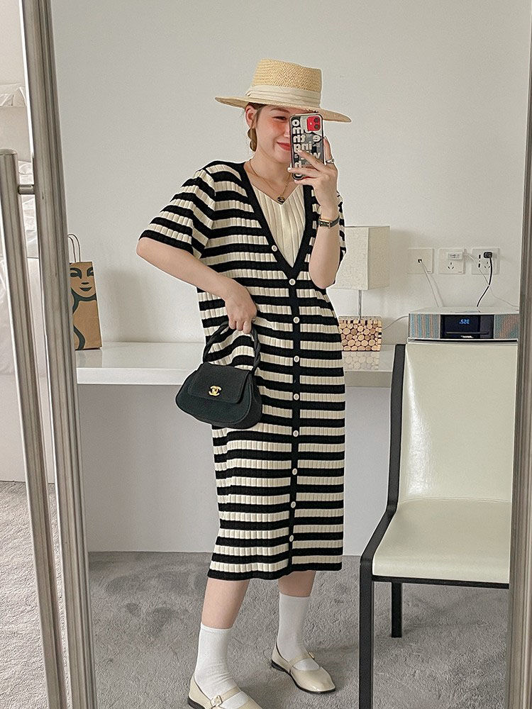 Maternity wear summer dress striped fake two-piece knitted ice silk knee length dress elastic high-end trendy mom skirt