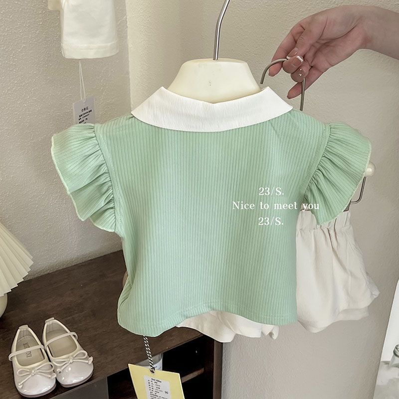 女童夏装娃娃领t恤 2023女宝宝棉质甜美荷叶袖polo衫婴儿短袖上衣