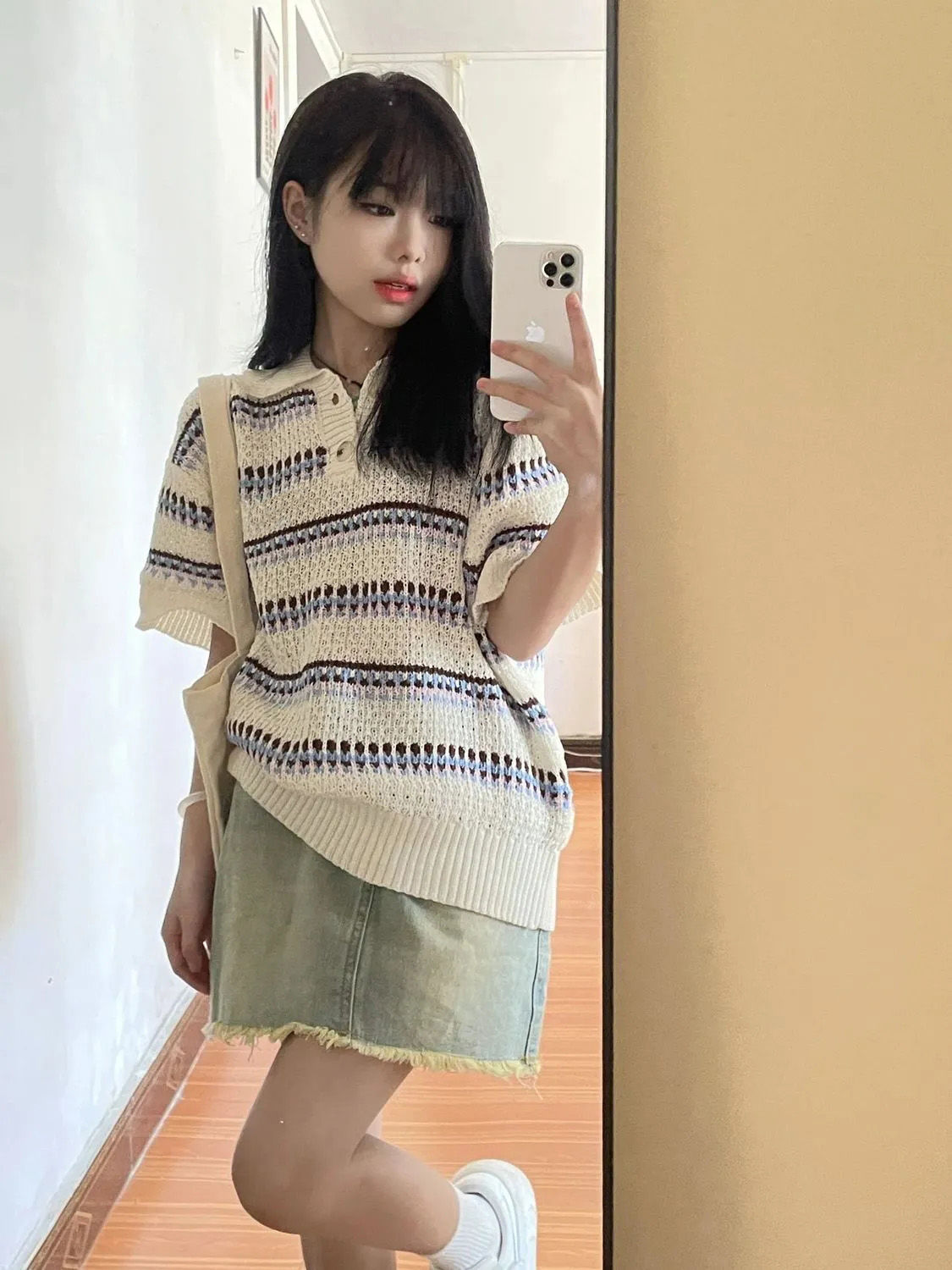 復古條紋短袖針織polo衫襯衫女夏季新款慵懶寬鬆休閒鏤空百搭套頭