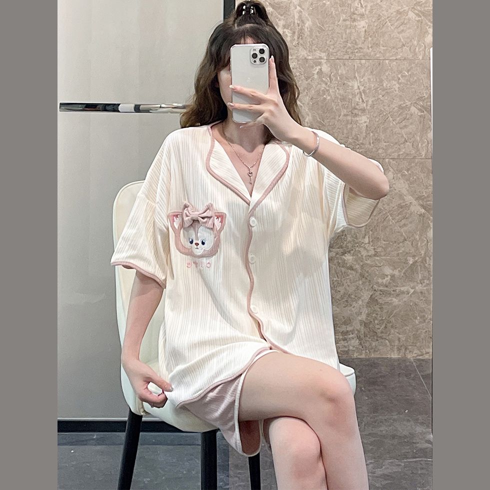 Pajamas Girls Summer Three-piece Suit Spring and Autumn Thin Section Short-sleeved Pure Cotton Large Size Cotton Outer Wear Net Red Style Home Service
