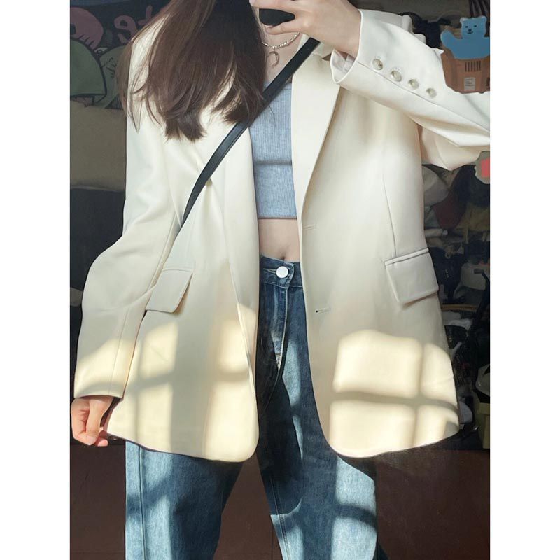 杏色西裝外套女2024春秋新款高級感網紅炸街休閒小個子西服上衣女