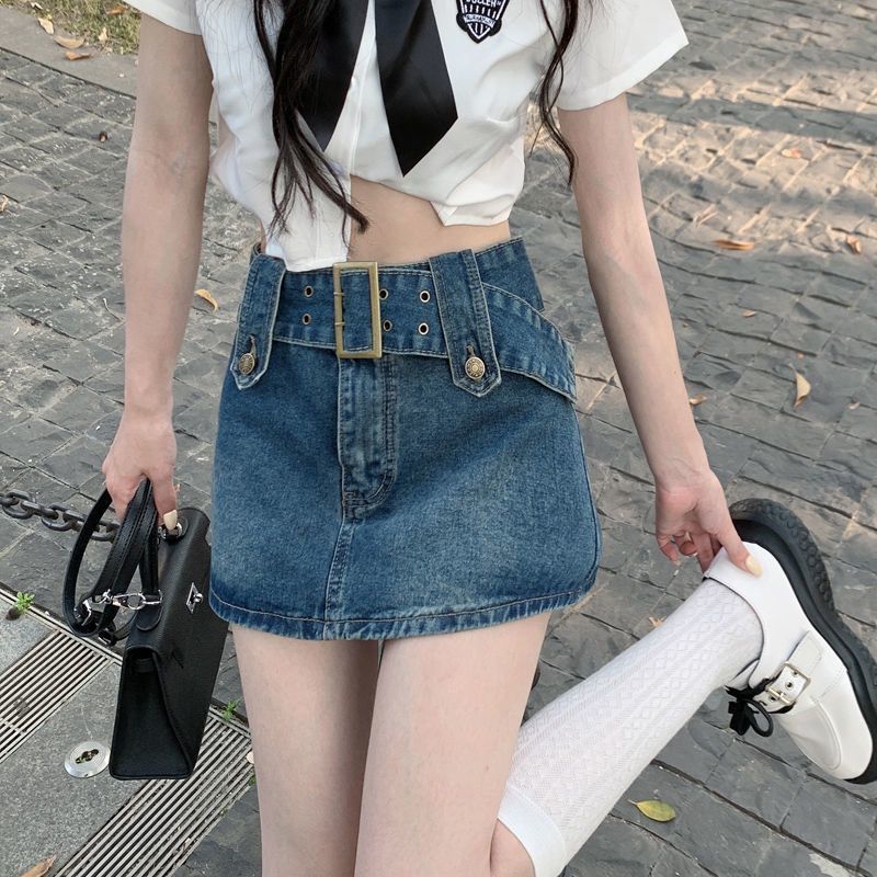 Large size denim skirt female 2023 summer new high waist hot girl miniskirt bag hip skirt anti-light pants skirt