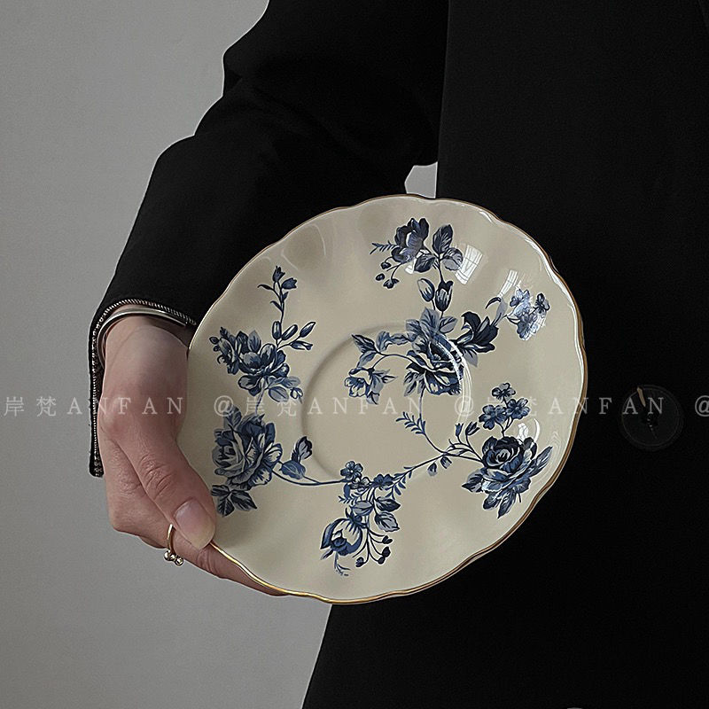复古蓝玫瑰花卉杯碟中古法式下午茶陶瓷杯时尚高级咖啡杯碟手工