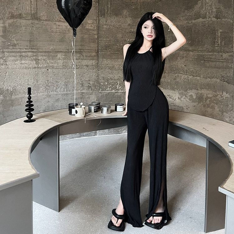 Black hottie pure desire suit women's summer 2023 suspender halter top fashionable slit trousers two-piece set