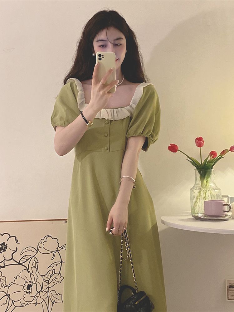 Plus size dress with puff sleeves, square collar, tea break, platycodon, long skirt, temperament, slim waist, French style, gentle first love skirt