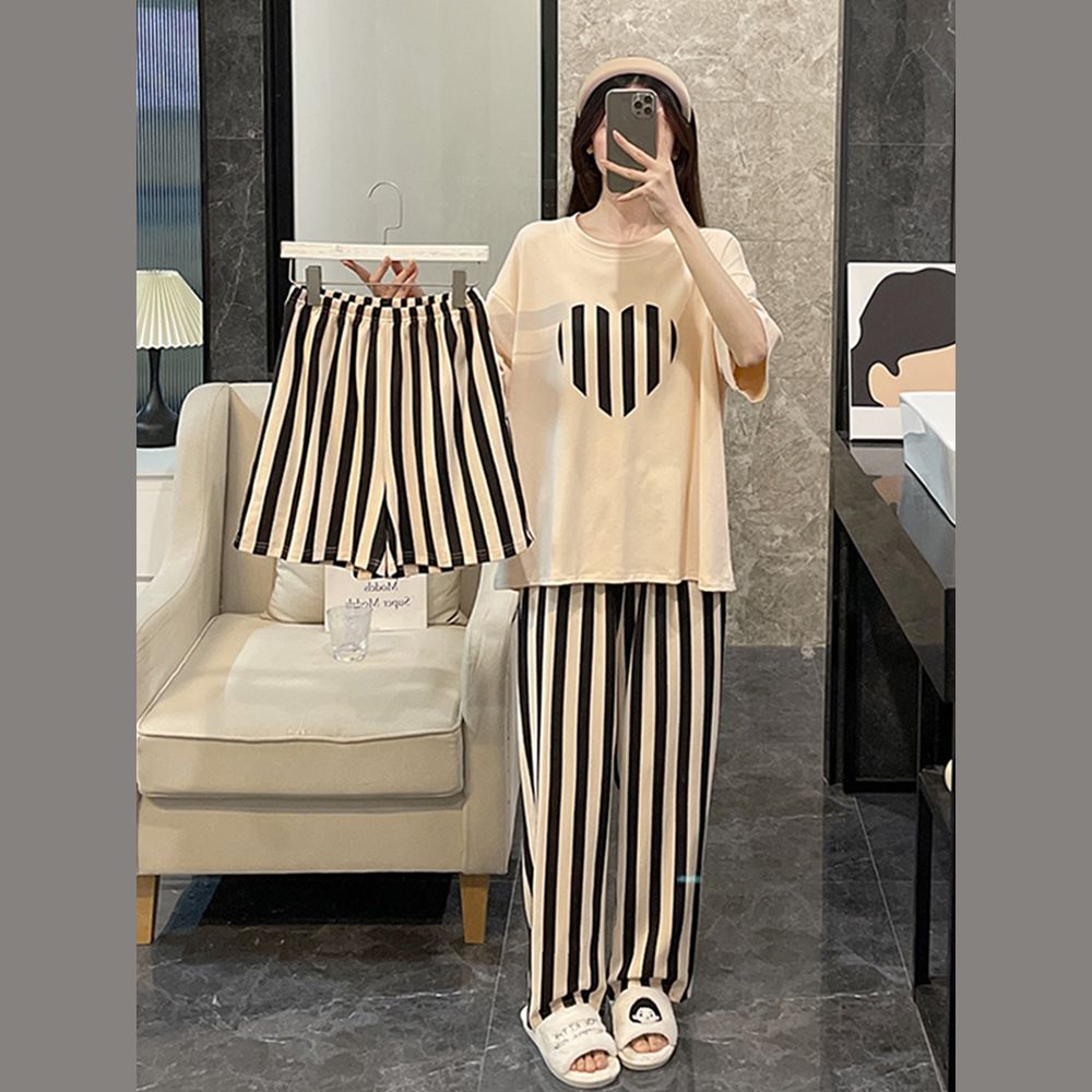 Pajamas Girls Summer Three-piece Suit Spring and Autumn Thin Section Short-sleeved Pure Cotton Large Size Cotton Outer Wear Net Red Style Home Service
