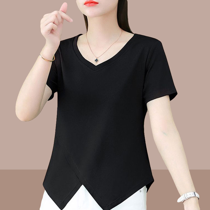 2023 summer new black v-neck top female temperament foreign style fashion irregular hem short short-sleeved t-shirt