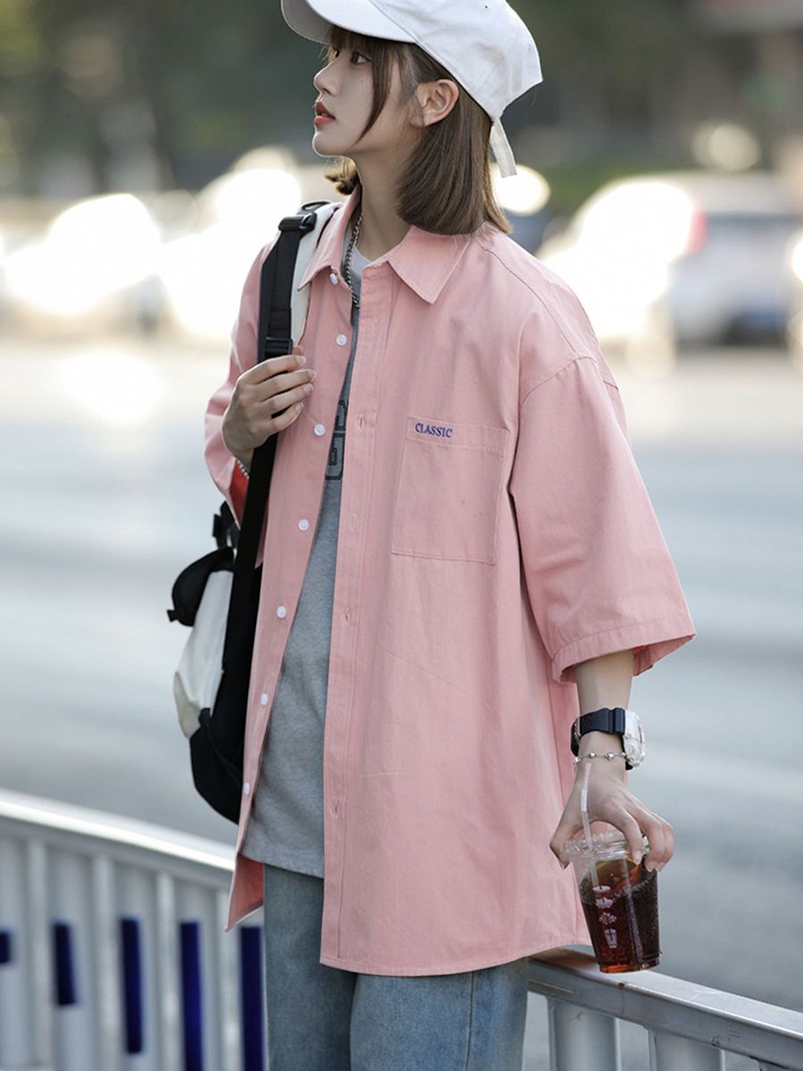 粉色工装衬衫女学生百搭日系短袖衬衣高级设计感小众韩系宽松外套