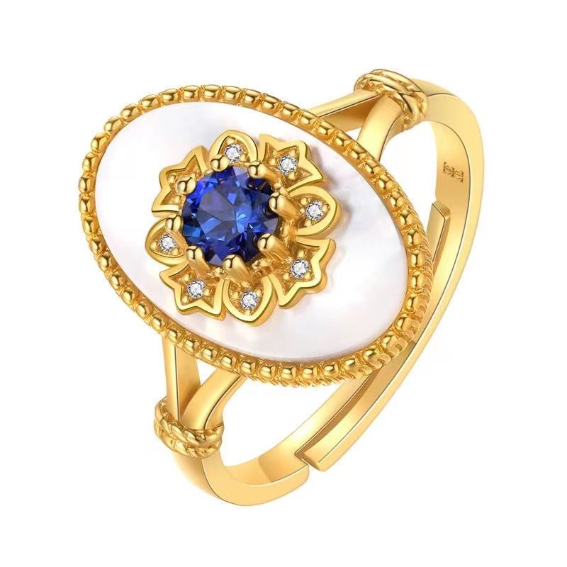 Royal Blue Moissanite And White Shell Ring In Sterling Silver_voghion.com