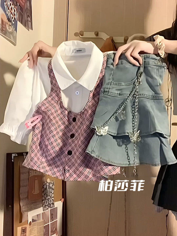 夏季套裝女2023新款大碼女裝韓版時尚馬甲休閒百搭襯衫短裙三件套