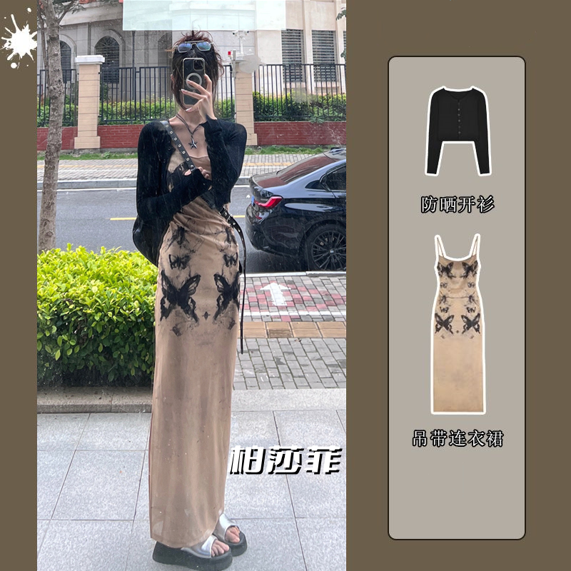 套裝女2023夏季新款法式水墨印花吊帶連衣裙收腰顯瘦長裙防曬開衫