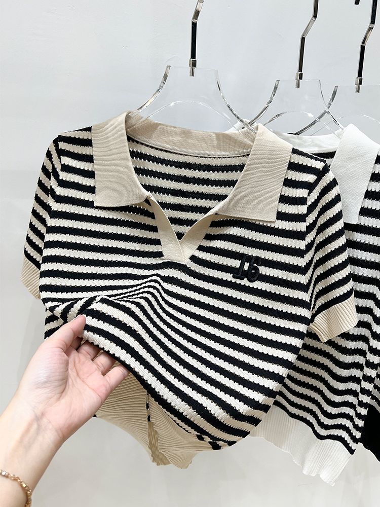 Striped knitted sweater women's short-sleeved summer 2023 new embroidery hollow unique chic polo collar short top women