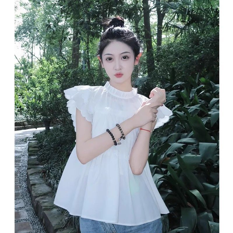 Xiaozi Sweet Ruffled French White Shirt Women's Fashion Flying Sleeves Heavy Industry Design Sense Loose Niche Tops