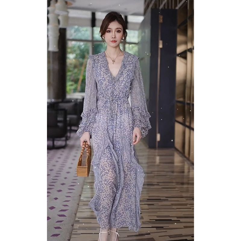 Spring new tea break French style light luxury high-end temperament thin purple floral V-neck dress high-end women's clothing