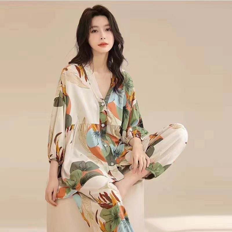Korean version pajamas women's summer high-grade fabric pajamas thin section home service front buckle loose explosive suit