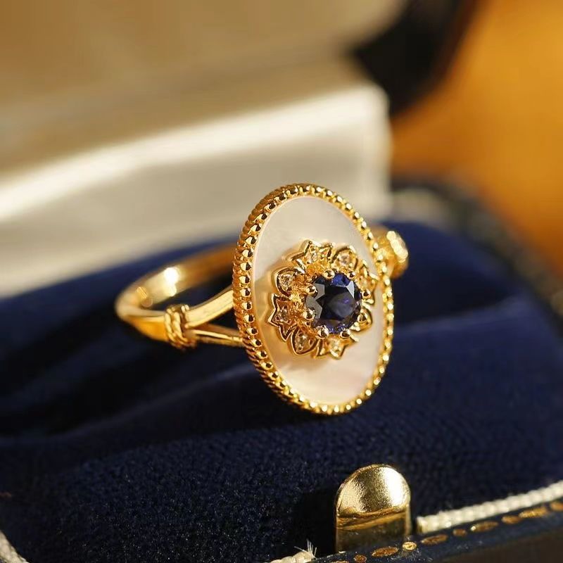 Royal Blue Moissanite And White Shell Ring In Sterling Silver_voghion.com