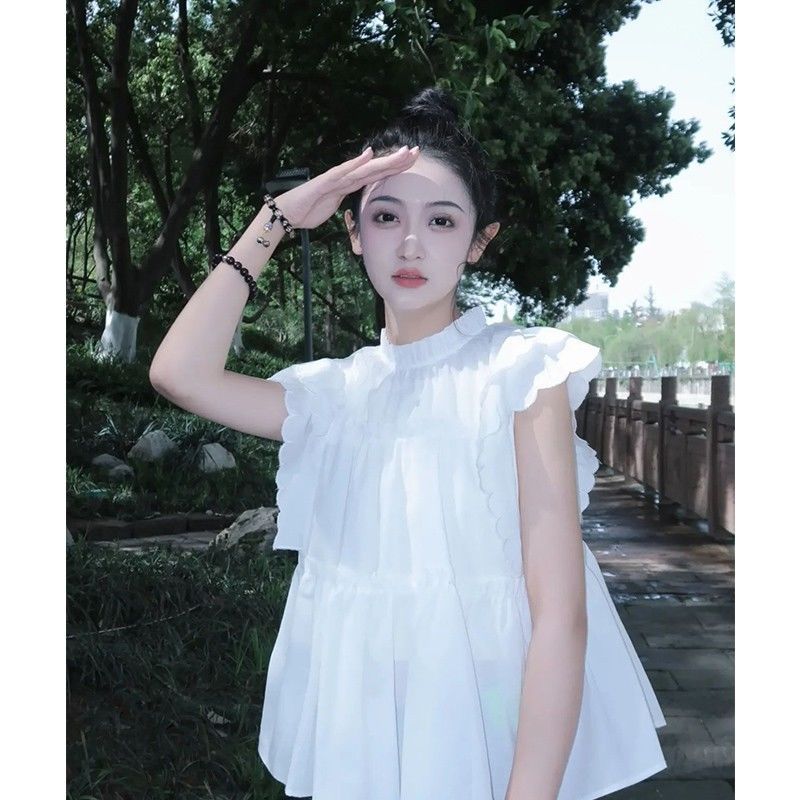 Xiaozi Sweet Ruffled French White Shirt Women's Fashion Flying Sleeves Heavy Industry Design Sense Loose Niche Tops