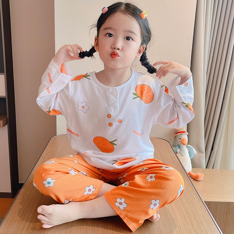 Children's pajamas summer boy's pure cotton silk girl's cotton silk long-sleeved parent-child outfit baby child air-conditioning home clothes thin