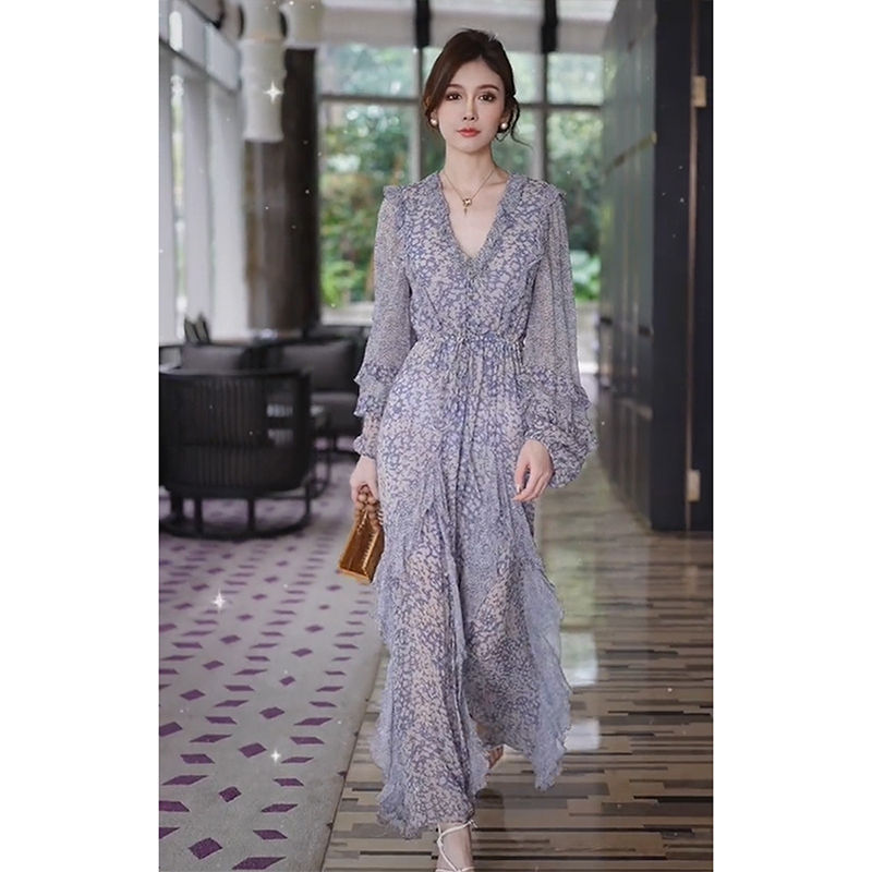 Spring new tea break French style light luxury high-end temperament thin purple floral V-neck dress high-end women's clothing