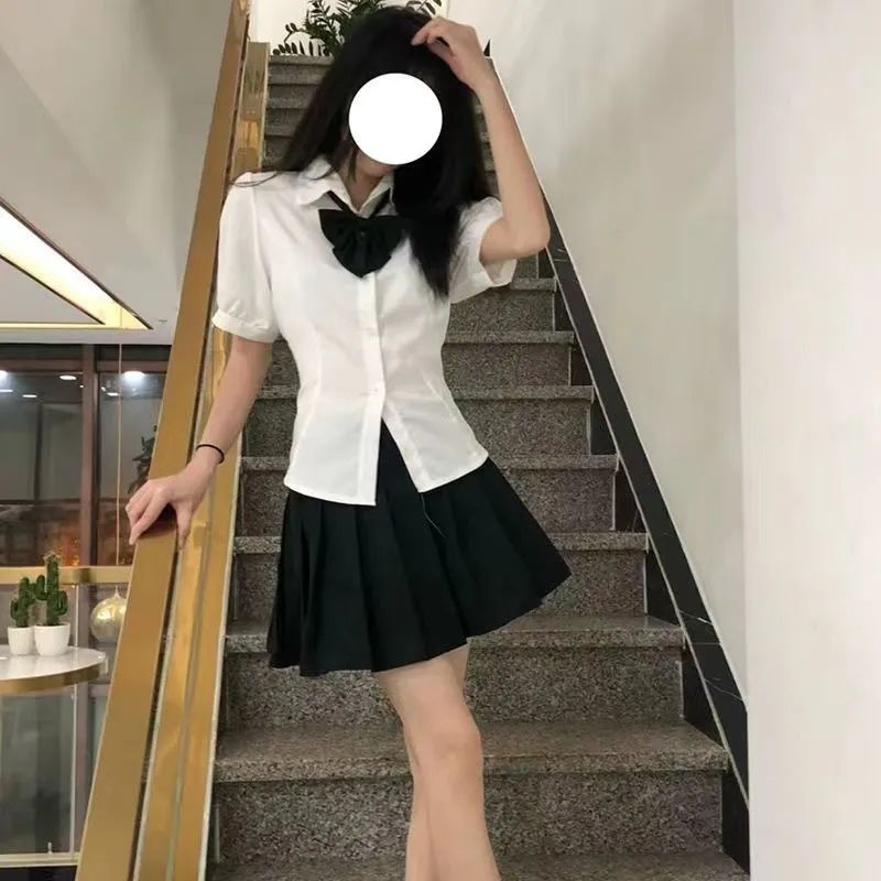 學院風減齡純欲風jk制服短袖襯衫女+黑色百褶裙夏季新款學生套裝
