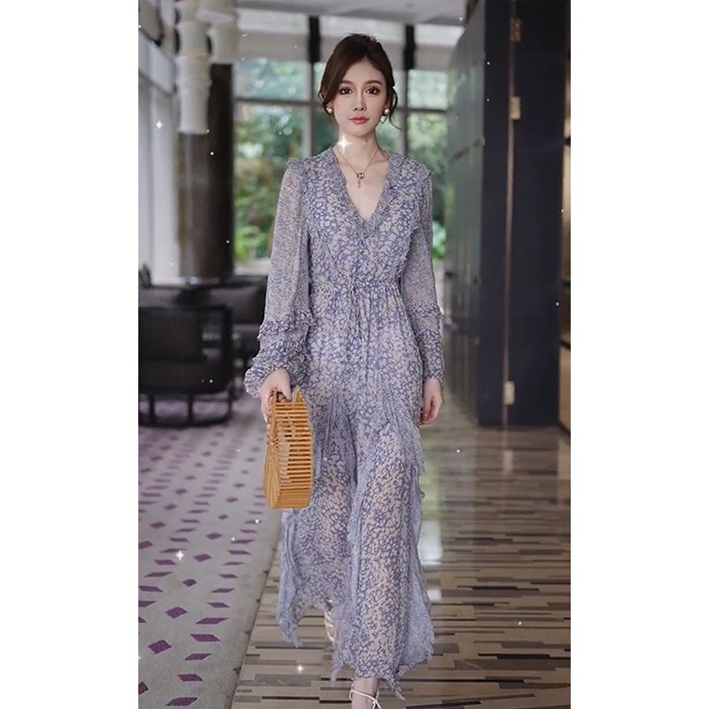 Spring new tea break French style light luxury high-end temperament thin purple floral V-neck dress high-end women's clothing