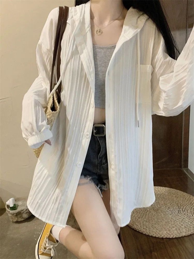 White hooded thin sun protection jacket for women summer 2023 new medium and long style covering the flesh and slimming cardigan top trendy