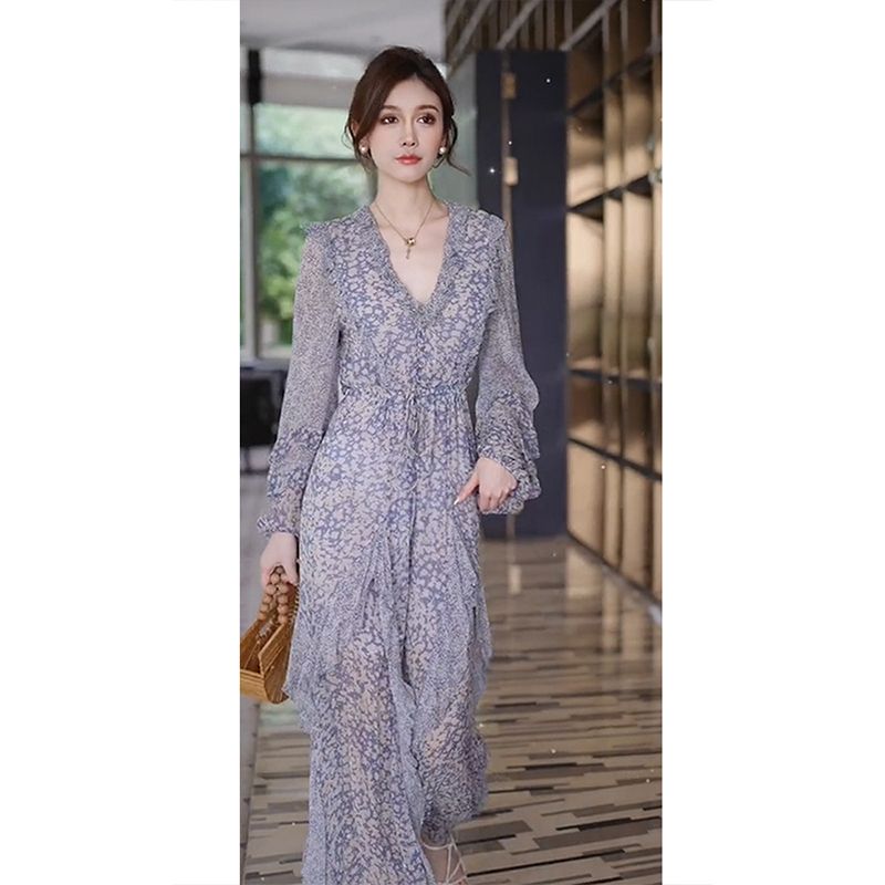 Spring new tea break French style light luxury high-end temperament thin purple floral V-neck dress high-end women's clothing