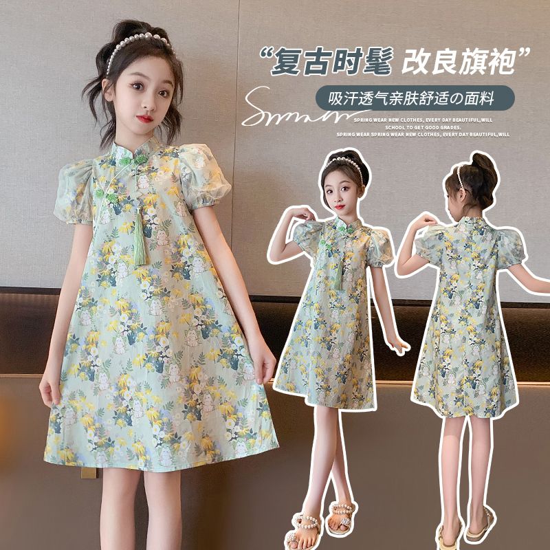女童旗袍連衣裙夏季2023新款兒童夏裝洋氣漢服裙子女孩大童公主裙