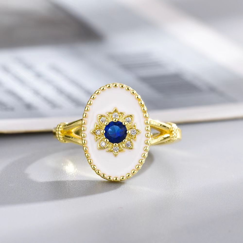 Royal Blue Moissanite And White Shell Ring In Sterling Silver_voghion.com