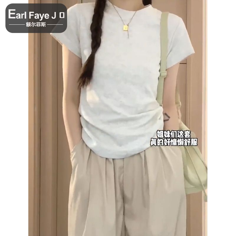 [Positive shoulder pure cotton] American slim slim t-shirt women's short-sleeved summer sweet and spicy chic short all-match top ins
