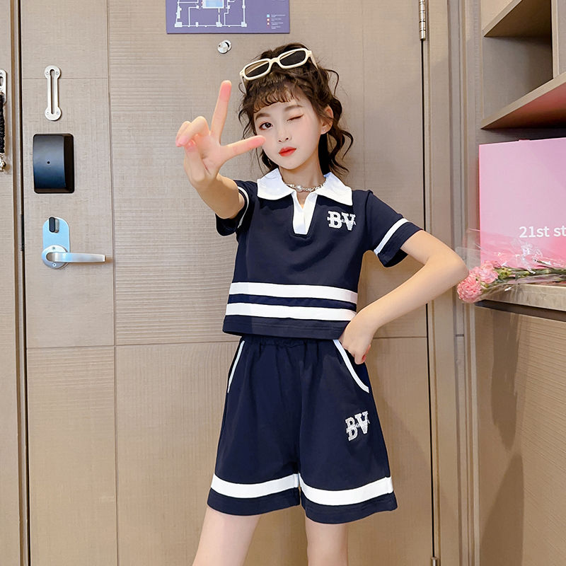女童夏季套裝2023新款兒童裝洋氣時髦兩件套大童短袖短褲女孩夏裝