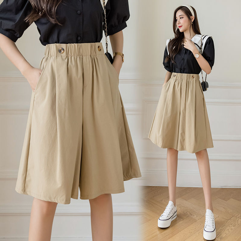 Off-white summer new casual style over-the-knee wide-leg pants for women Korean style versatile slimming mid-pants shorts