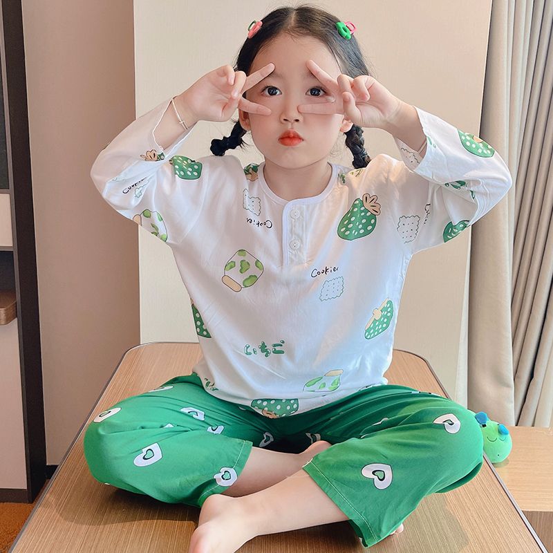Children's pajamas summer boy's pure cotton silk girl's cotton silk long-sleeved parent-child outfit baby child air-conditioning home clothes thin
