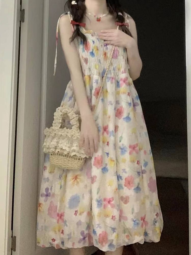 甜美風日系度假風遮肉顯瘦彩虹吊帶連衣裙女學生夏日新款初戀長裙