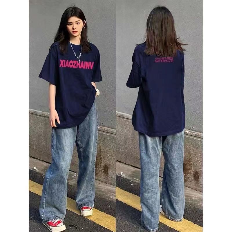 100%純棉高街日系復古短袖t恤女潮牌夏季半袖oversize原宿風衣服