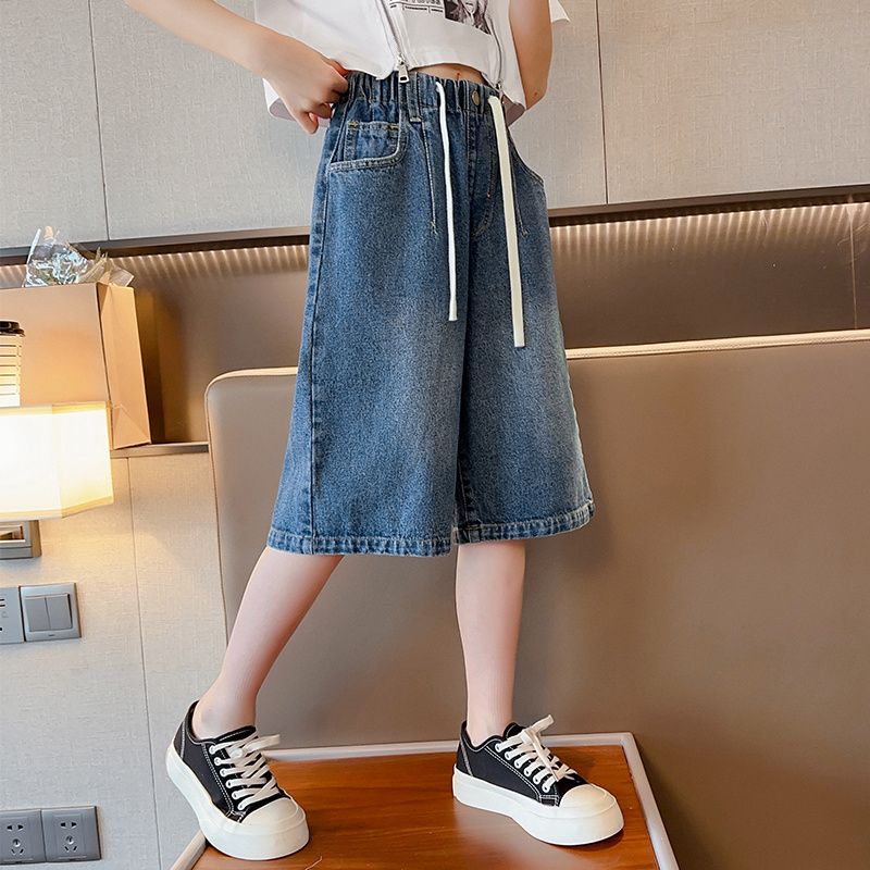 Girls' summer pants  new children's five-point pants summer thin section denim shorts middle and big children's wide-leg pants