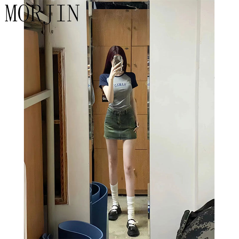 MORJIN American retro hot girl raglan shoulders front shoulder short-sleeved t-shirt female summer Korean version of slim slim short top