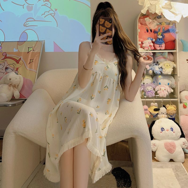 Summer sling nightdress ladies 2023 new pajamas cotton gauze Japanese sweet cartoon can wear home clothes